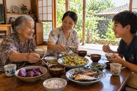 Una famiglia di Okinawa a pranzo nella propria casa
