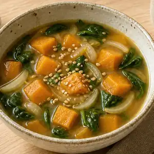 Zuppa di pollo, patata dolce e cipollotto